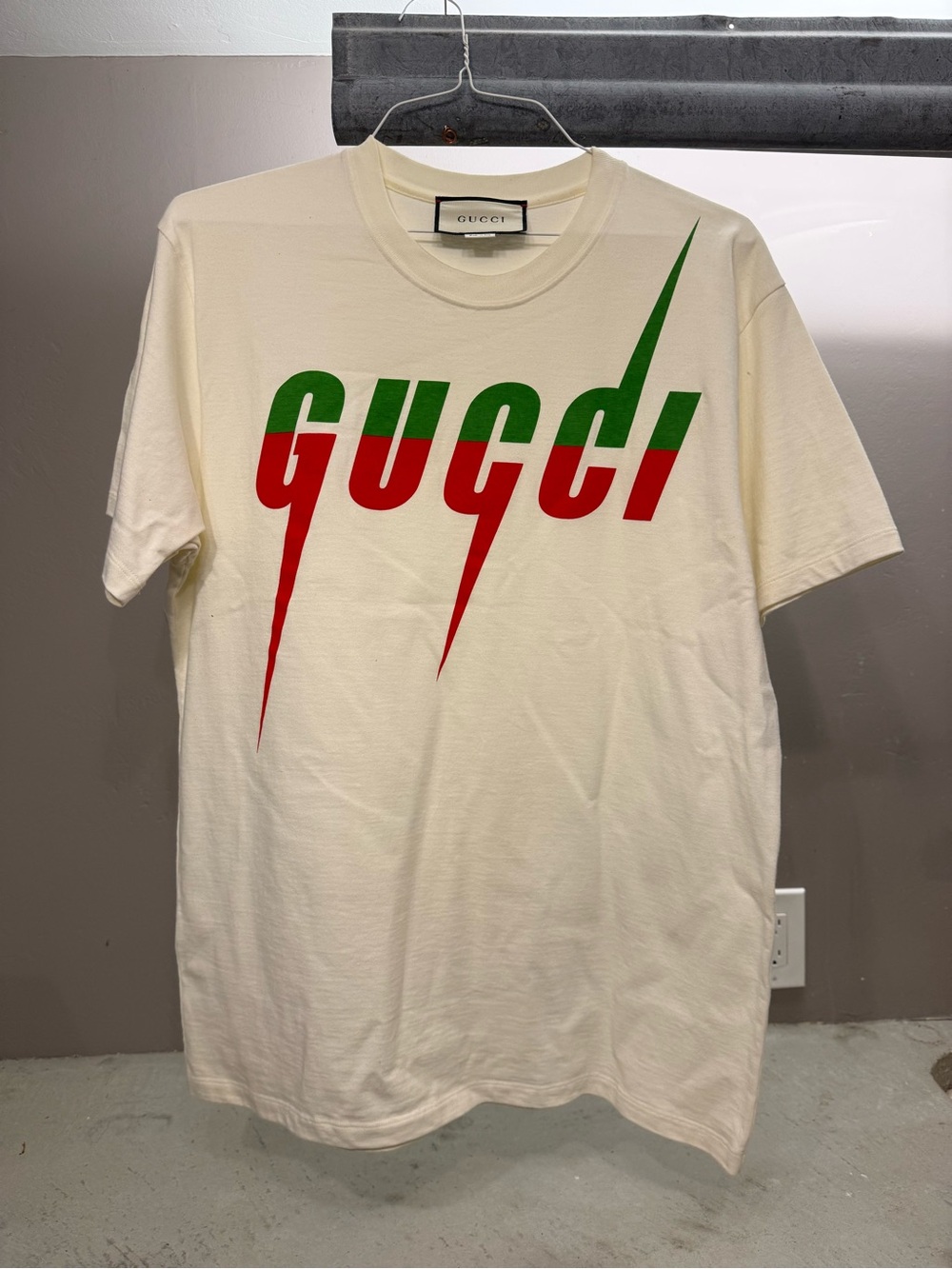 Gucci Cream Crewneck T-Shirt with Green Graphic